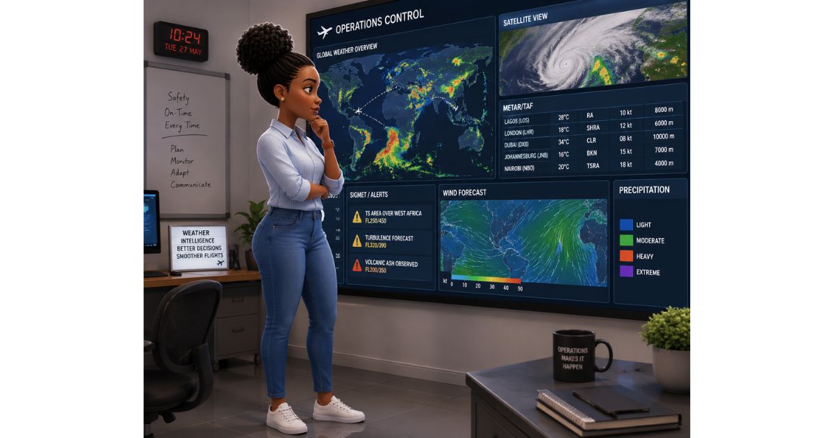 A black female using AI to analyse aviation weather data for flight delay prediction