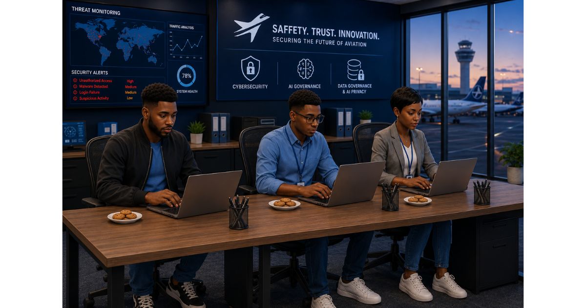Three African aviation professionals working in a cybersecurity office, with screens showing threat monitoring, AI Governance, cybersecurity, Data Governance and AI privacy.