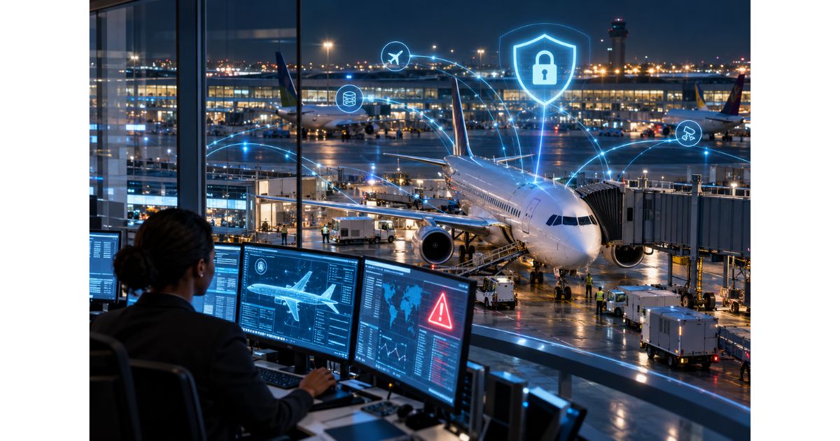 AI powered aviation security monitoring a commercial aircraft and detecting potential threats at an airport